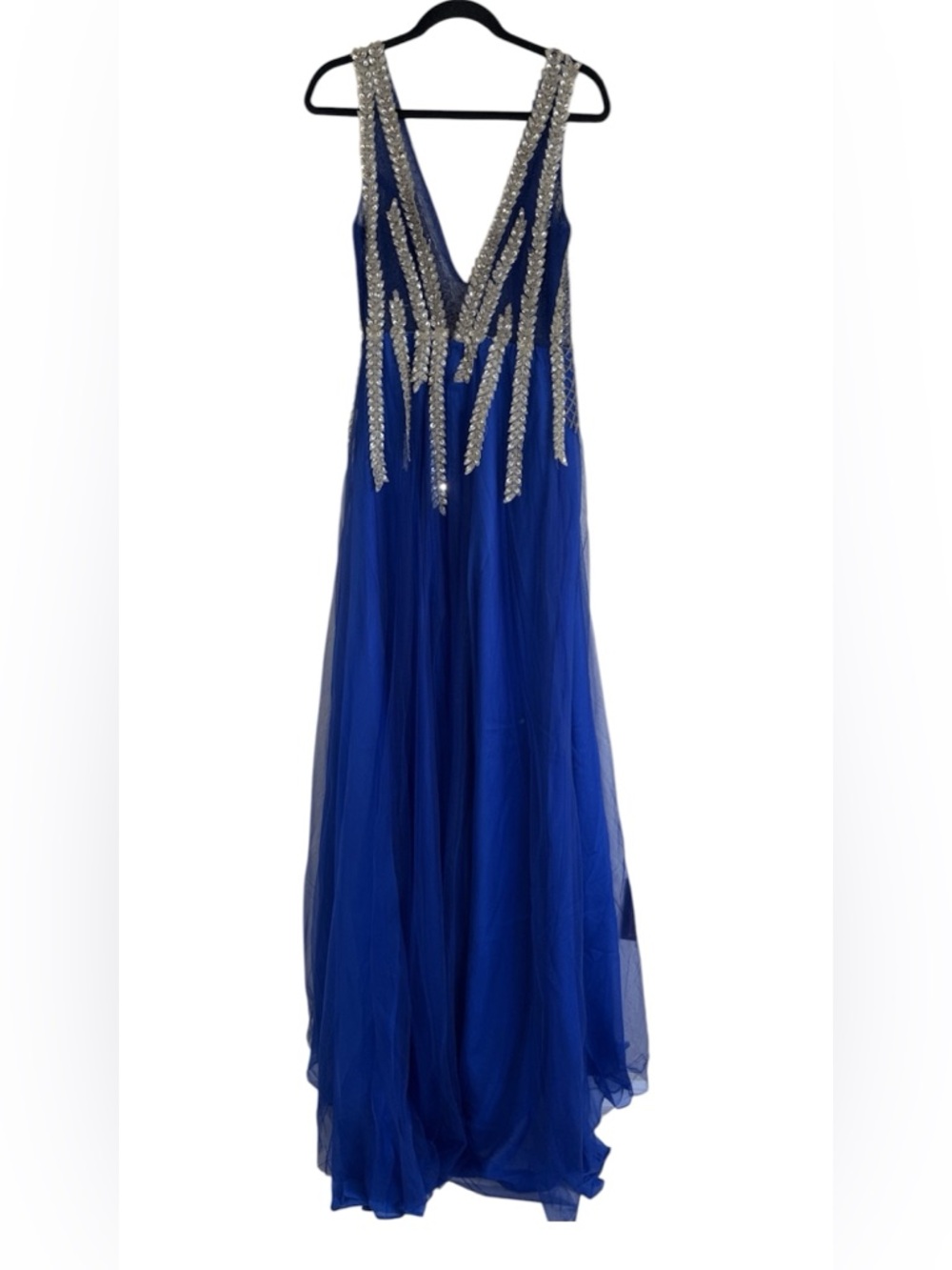 Hebeos Stunning Elegant Royal Blue Embellished Deep V-Neck Evening Dress